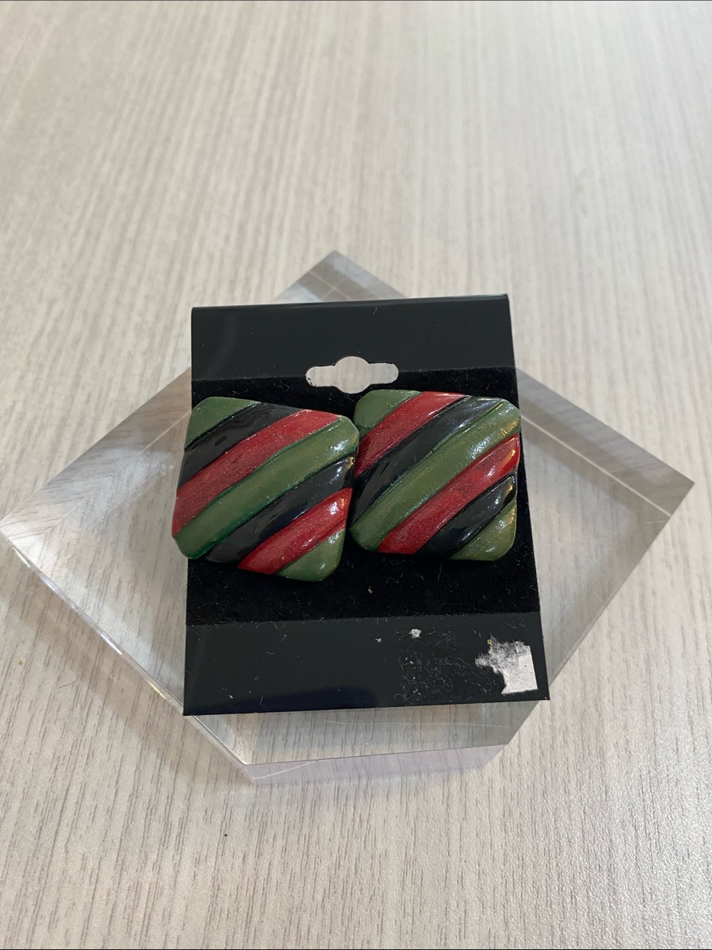 Striped Square piereced  Earrings in Green, Red & Black
